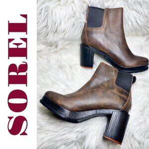 SOREL Blake Leather Waterproof Chelsea Heeled Bootie Brown, Size 11
